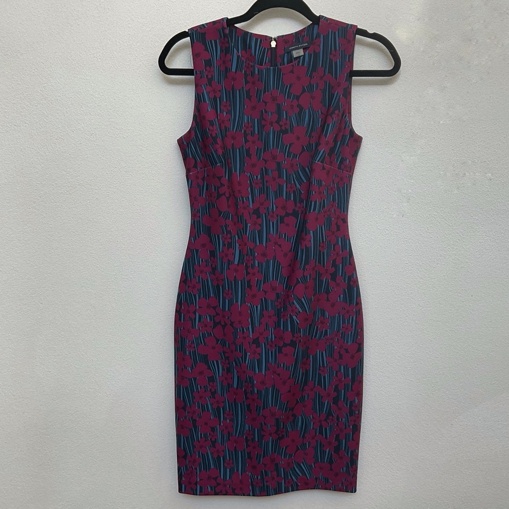 Tommy Hilfiger Navy Blue Striped Maroon Floral Print Sleeveless Career Dress 2